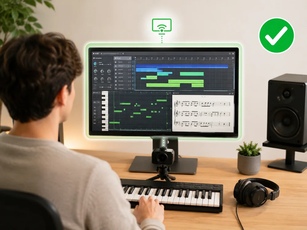 Music student at a computer using screen sharing, headphones, and a piano.