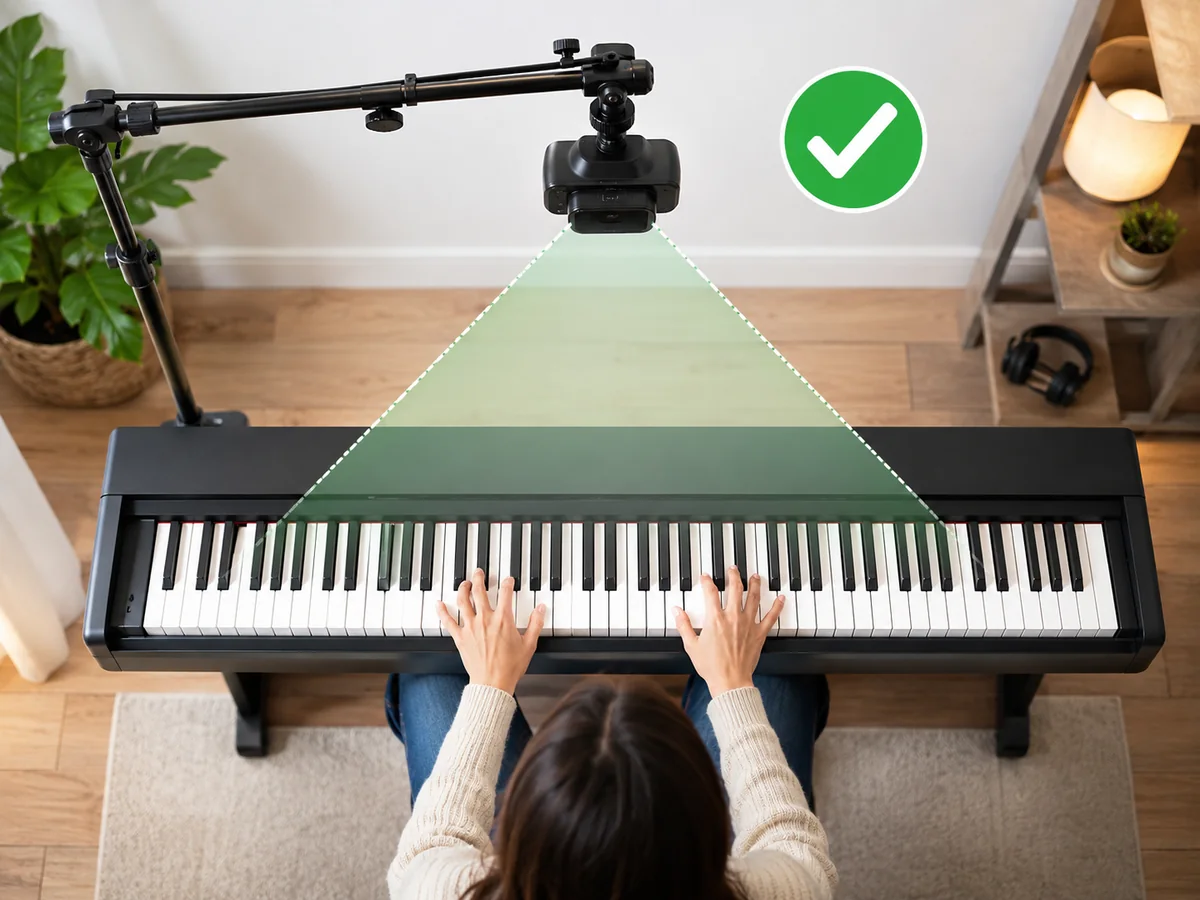 Preferred overhead smartphone camera position above a piano keyboard, showing both hands and the keys.