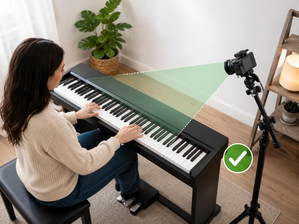Alternative side smartphone camera position beside a piano, angled downward toward both hands.