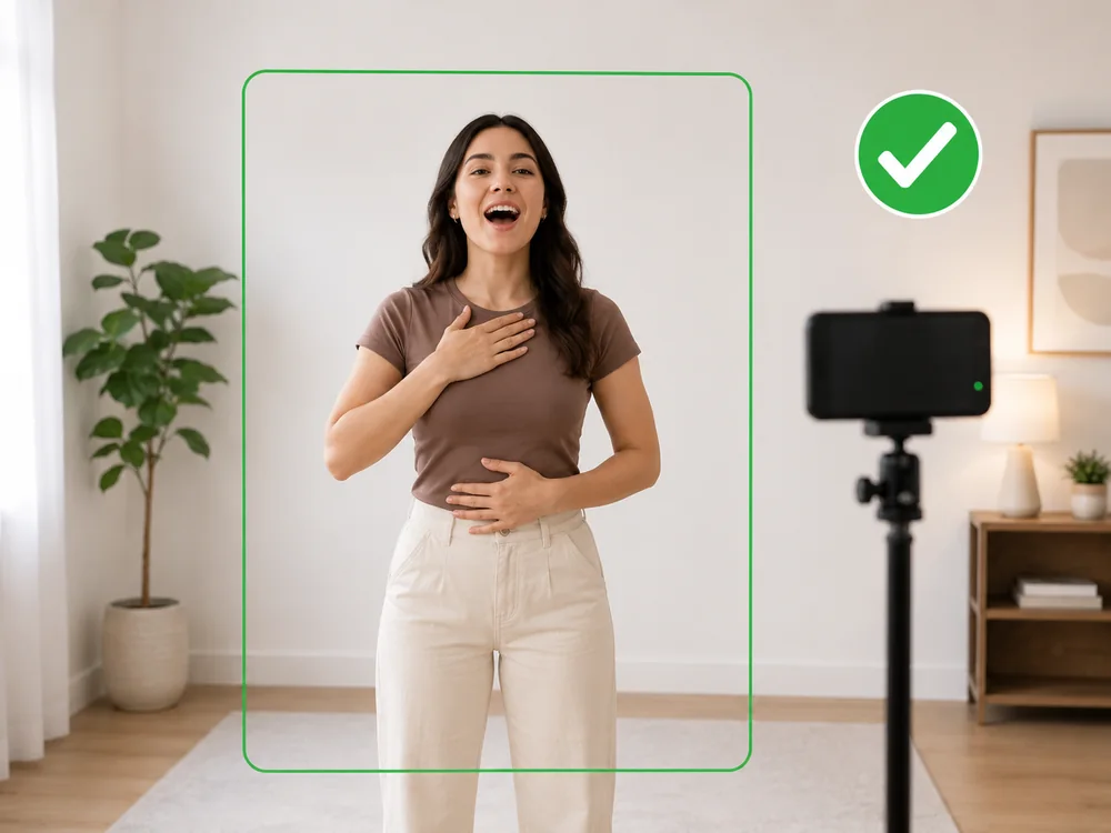 Voice student standing in front of a camera positioned at eye level.