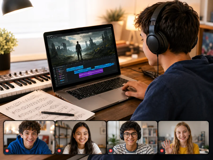 A student composing music for a film scene online, with several classmates visible in a video call strip.