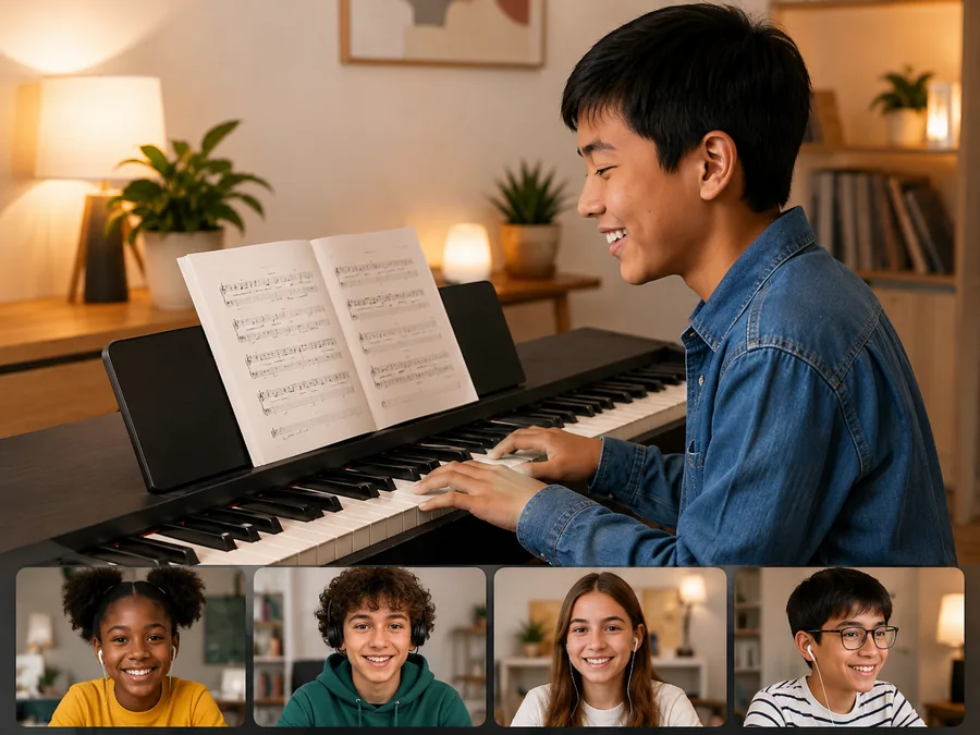 A young pianist learning jazz piano online, with several classmates visible in a video call strip.