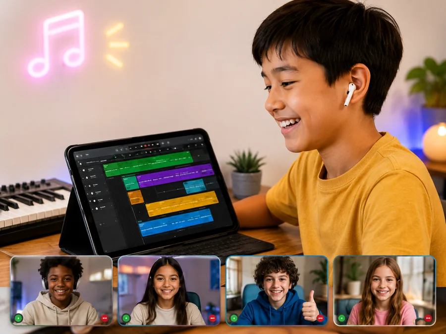 A child creating music in GarageBand online, with a tablet and several young classmates visible in a video call strip.