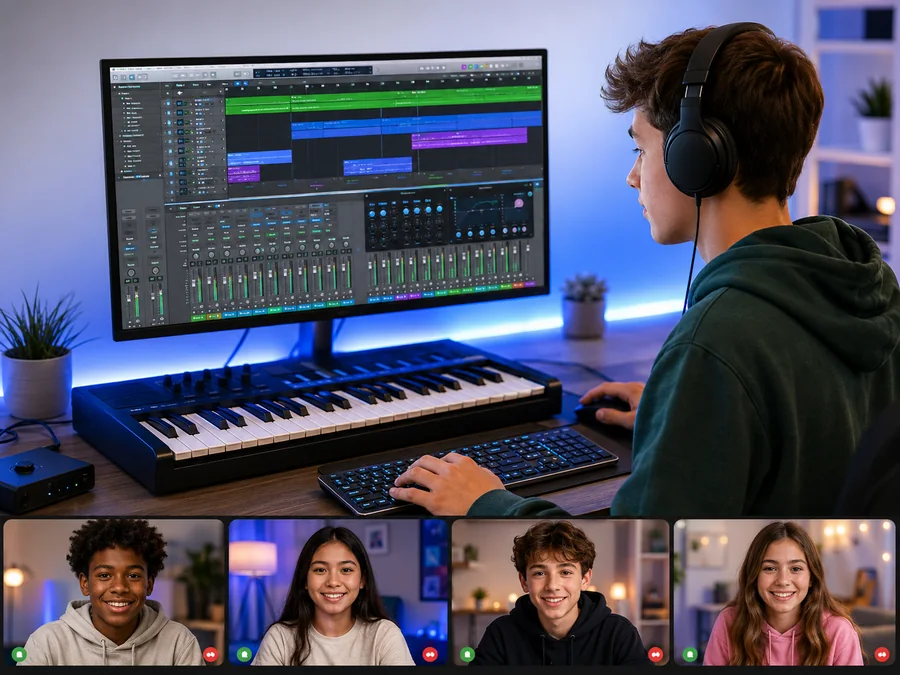 A teenage student producing and mixing music online in Logic Pro, with several classmates visible in a video call strip.