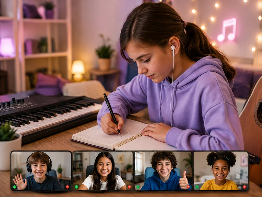 A young student writing a song online at a desk, with several classmates visible in a video call strip.