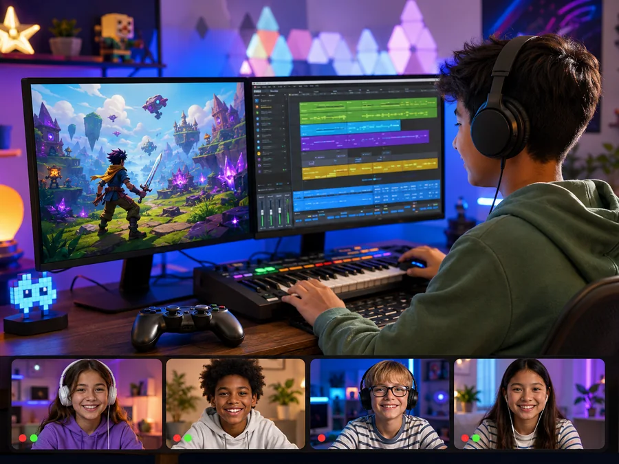 A student creating music for video games online, with several classmates visible in a video call strip.